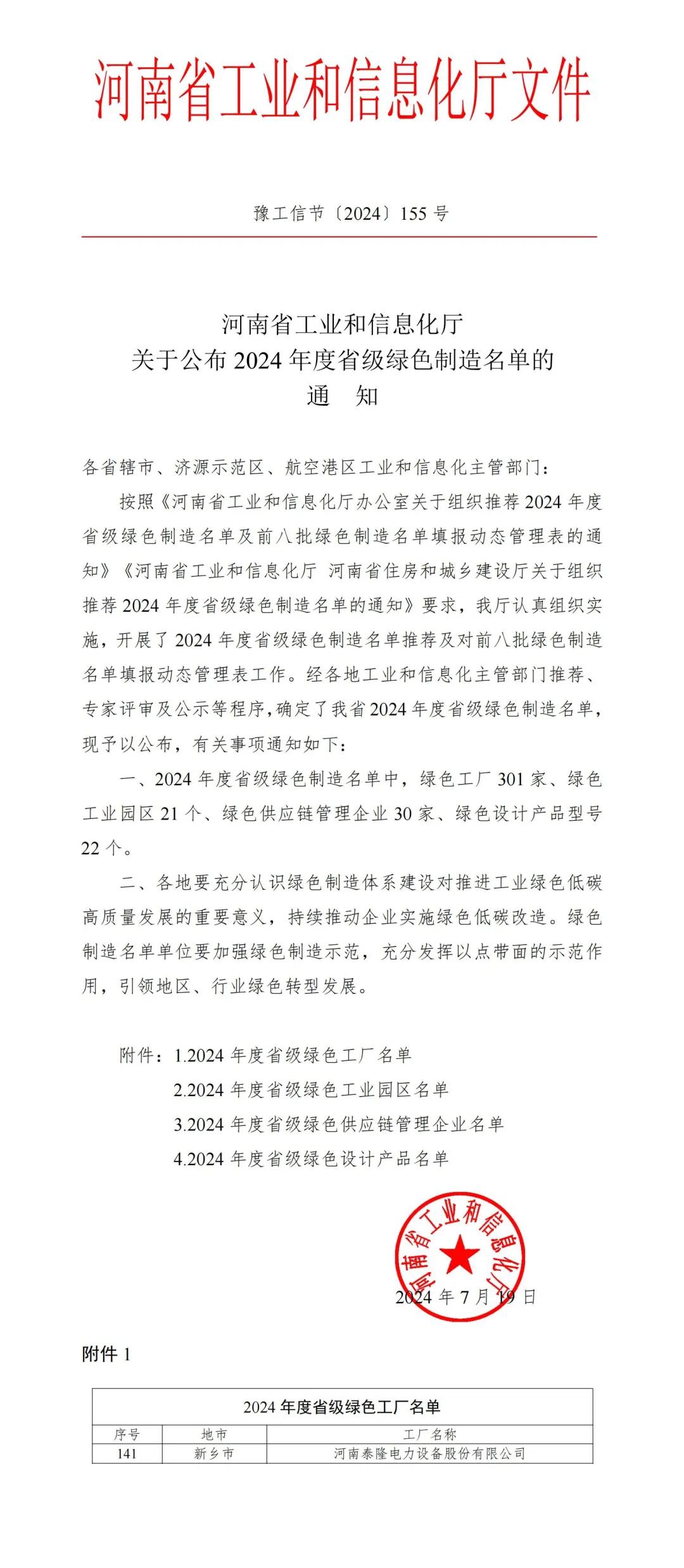 喜报丨泰隆电力获批2024年度“河南省绿色工厂”
